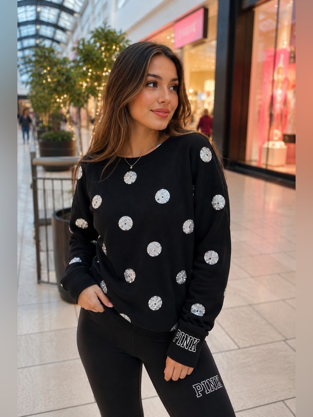 π PINK | Victoria's Secret | M | Black | Sequin Polka Dot | Sweatshirt